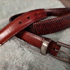 Genuine Leather Belt Men' Size 38 Woven Herringbone Brown Silver Buckle #503302